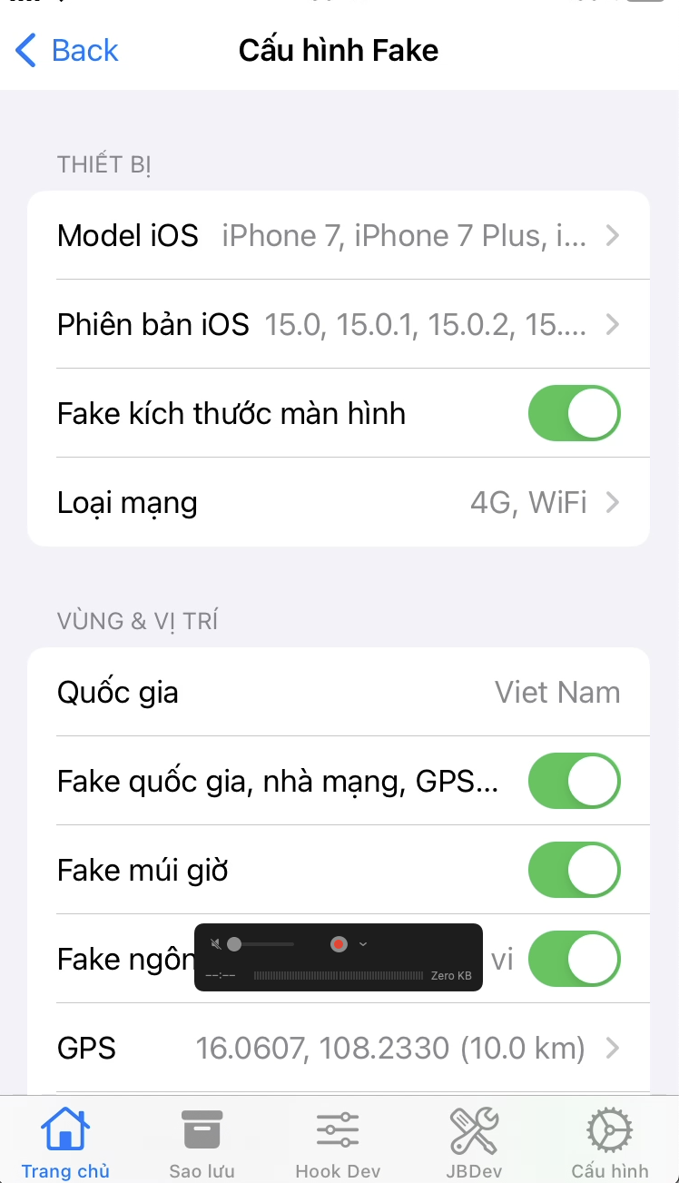 Fake Profile device information screen
